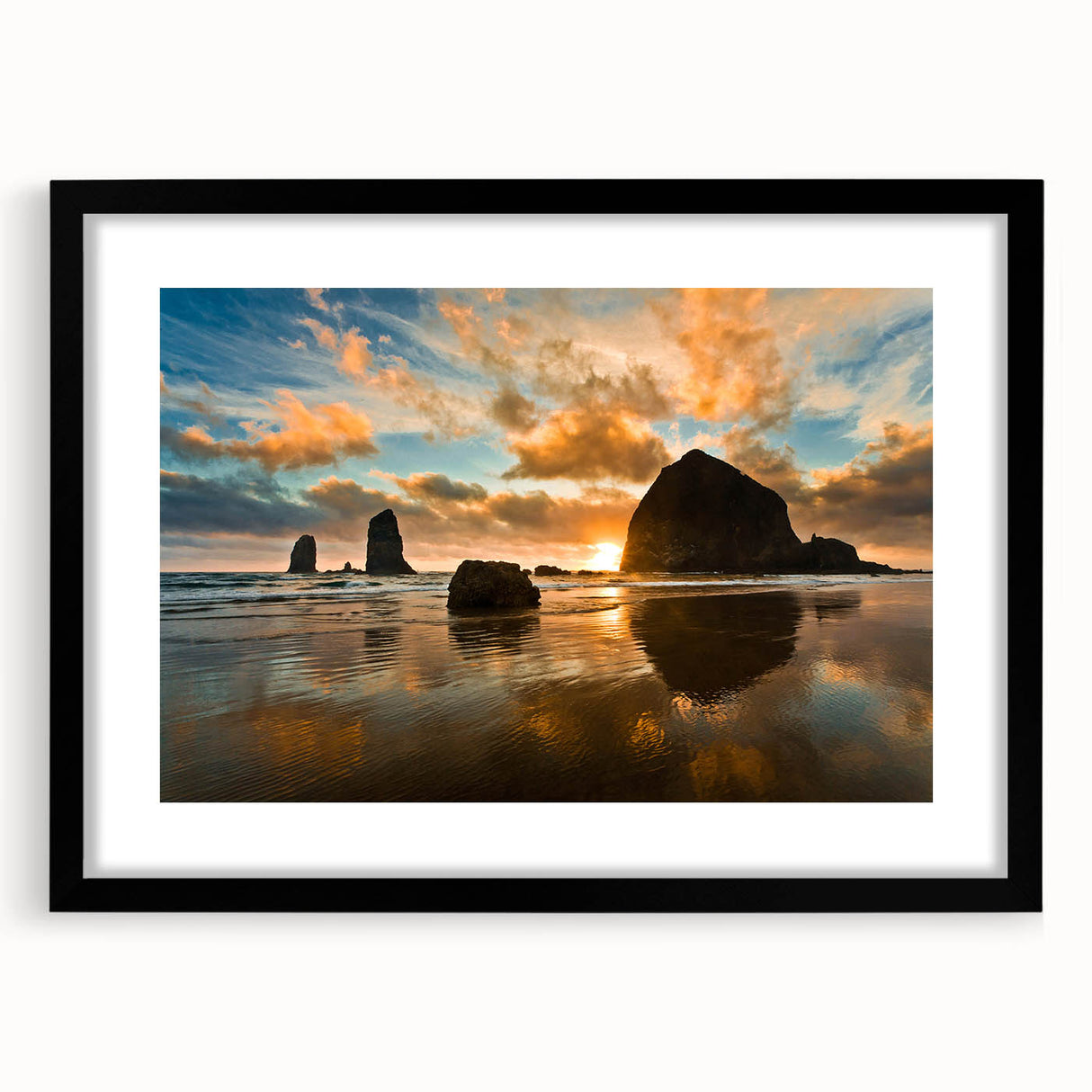 Extra large framed print of abstract Cannon Beach scenery in vibrant colors on textured canvas, ideal for living room decor.