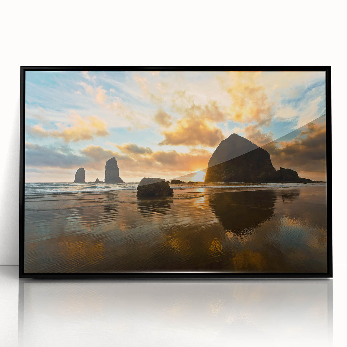 Large abstract wall art of Cannon Beach in Oregon, using muted earth tones on a framed acrylic.