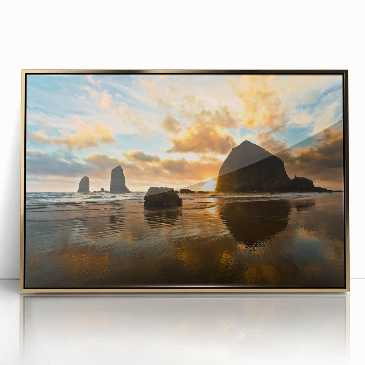 Acrylic print of Cannon Beach in Oregon, featuring a mid-century modernist style with muted earth tones.