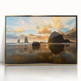 Acrylic print of Cannon Beach in Oregon, featuring a mid-century modernist style with muted earth tones.