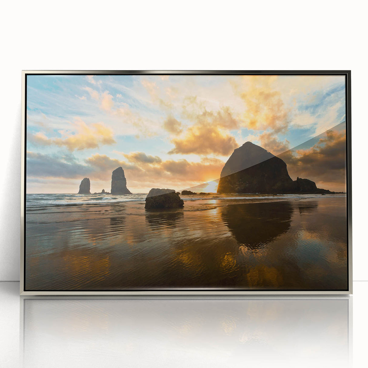 Mid-century modernist art of Cannon Beach, Oregon, depicted in muted earth tones on a framed acrylic print.