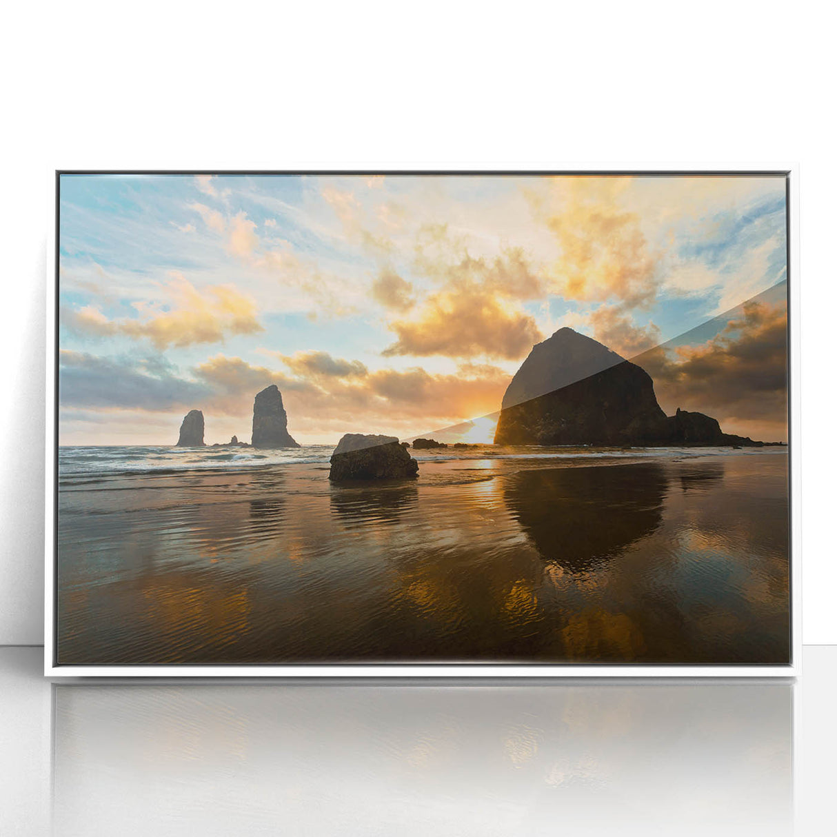Acrylic print of Cannon Beach, Oregon, featuring muted pastel tones in a framed white acrylic.