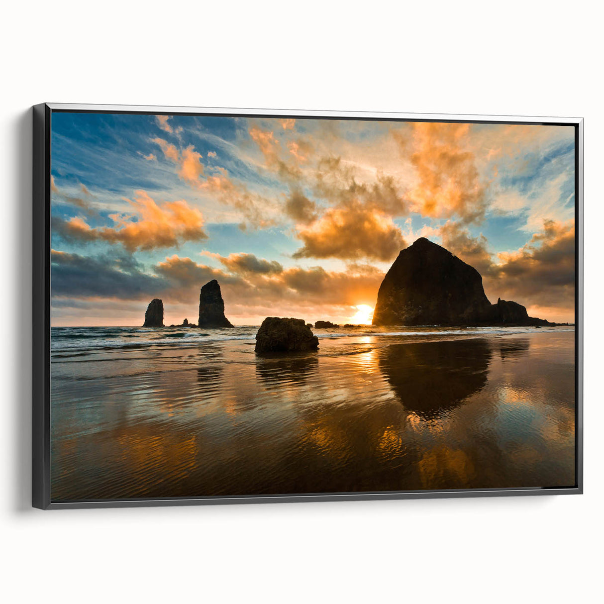 Black and white framed canvas of Cannon Beach, Oregon, with muted landscape tones, suitable for bedroom wall art.