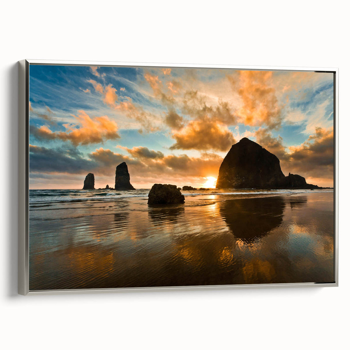 Framed canvas of Cannon Beach, Oregon landscape with muted gray tones and a vintage poster style.