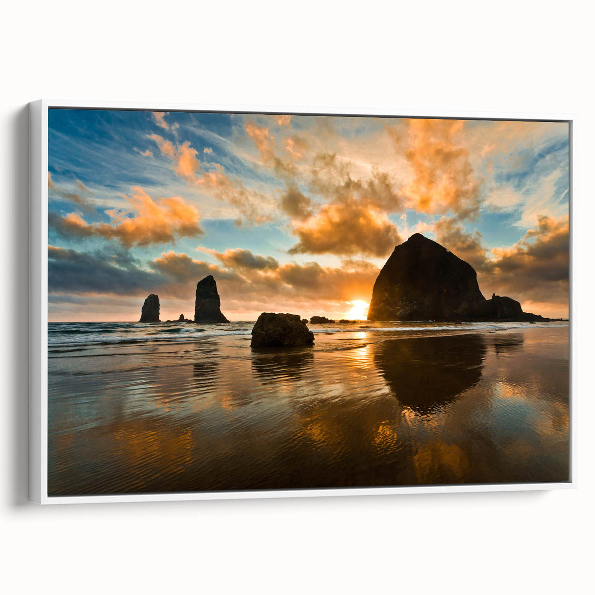 Vintage poster art of Cannon Beach, Oregon in colorful hues on a large framed canvas, ideal for living room decor.