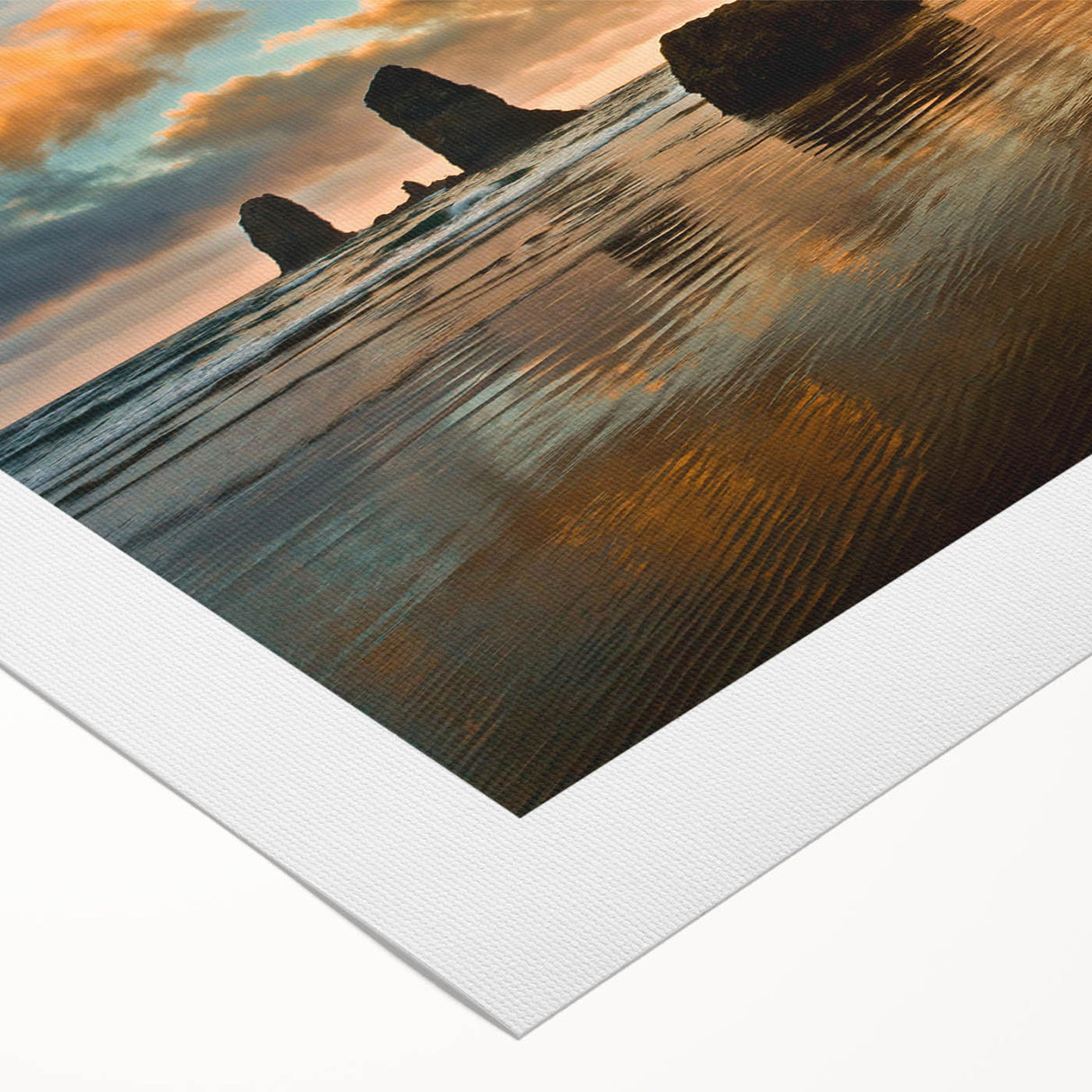 Art deco poster of Cannon Beach, Oregon, featuring muted earth tones on rolled canvas, suitable for dining room decor.