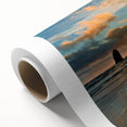 Art deco poster of Cannon Beach, Oregon, on rolled canvas with soft pastel shades, suitable for nursery wall art.