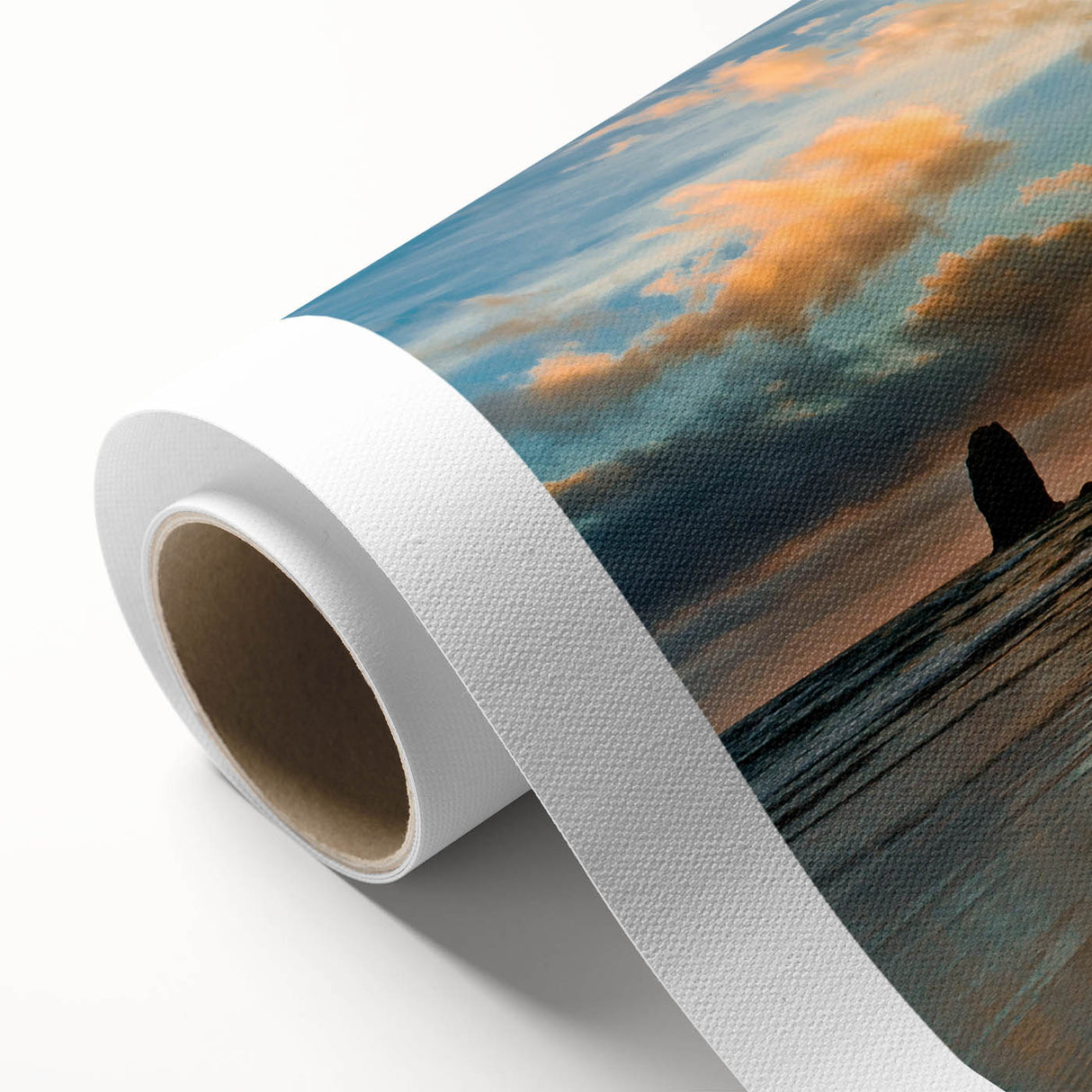 Art deco poster of Cannon Beach, Oregon, on rolled canvas with soft pastel shades, suitable for nursery wall art.