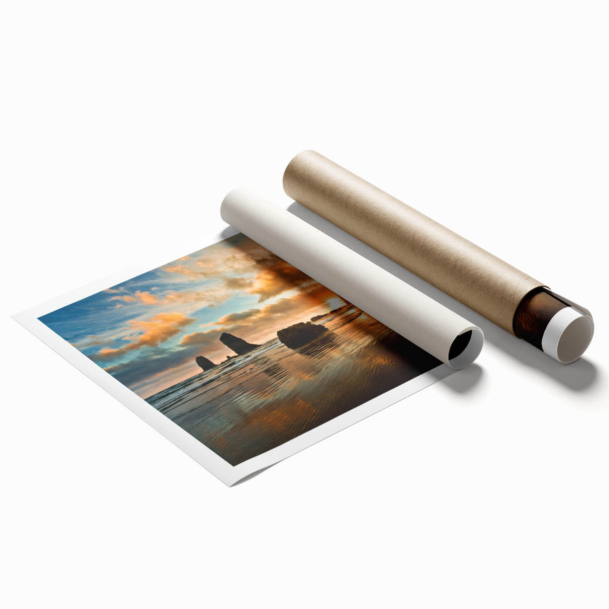 Extra large rolled print of Cannon Beach, Oregon, with soft pastel shades, ideal for classy bathroom wall art.