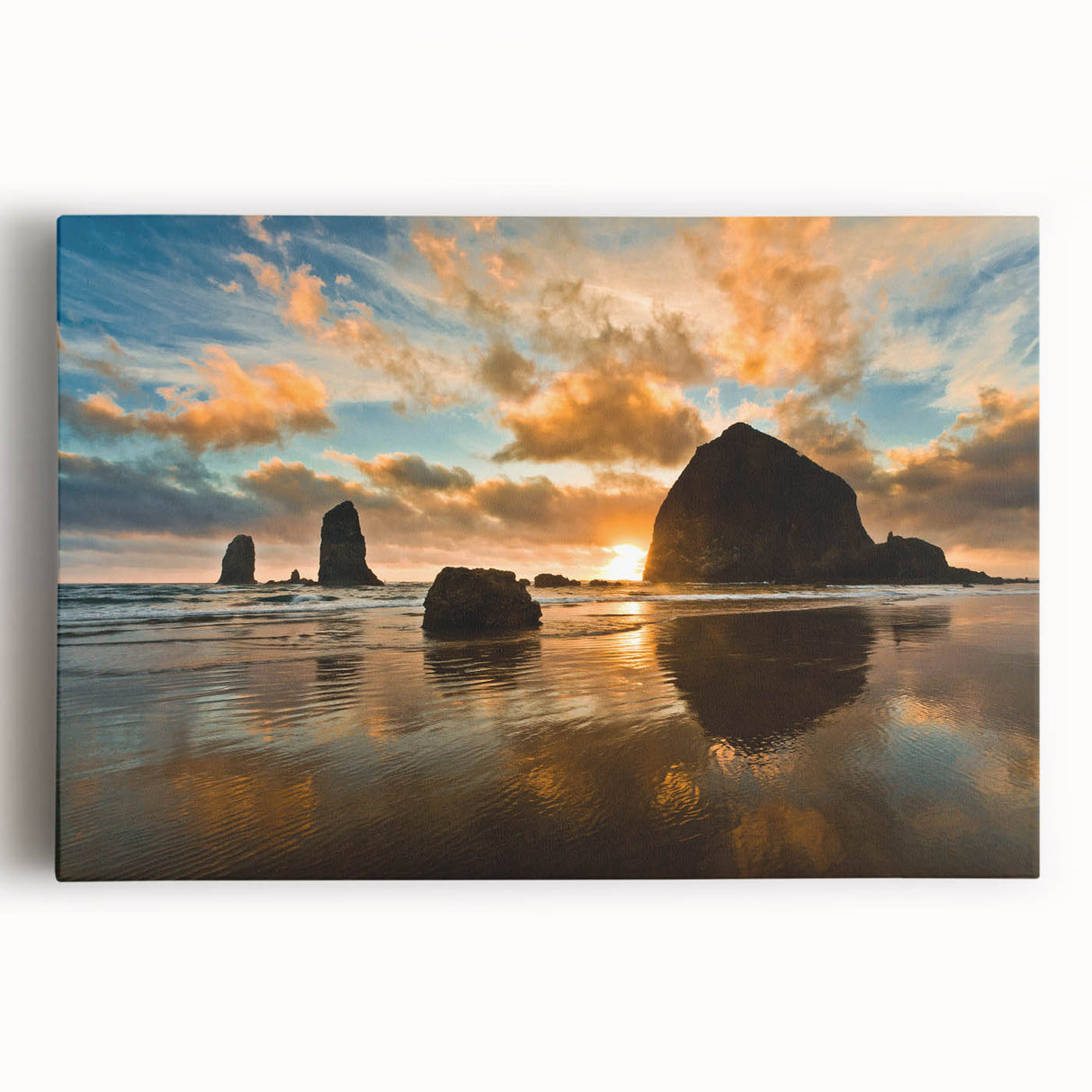 Black and white photo of Cannon Beach, Oregon on stretched canvas, suitable for kitchen wall art.