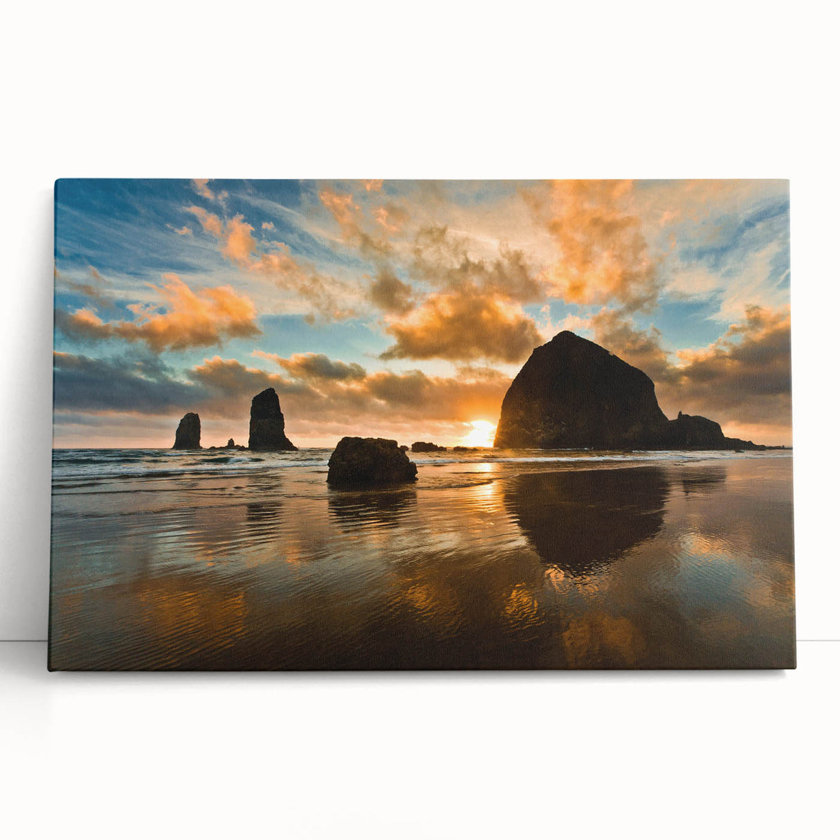 Black and white photo of Cannon Beach, Oregon on stretched canvas, ideal for kitchen wall art or bedroom ambiance.
