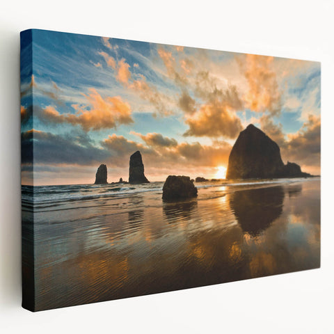 Large art print of Cannon Beach, Oregon, on stretched canvas, displaying muted earth tones, ideal for kitchen wall art.