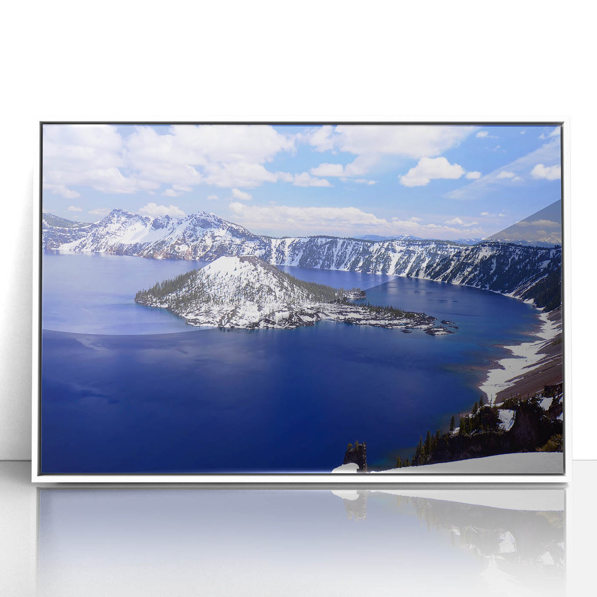 Framed acrylic print of Crater Lake, Oregon, in muted blue tones, ideal for modern art wall decor.