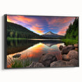 Black and white framed canvas of Mount Hood, Oregon, in a vintage poster style, suitable for bedroom wall decor.