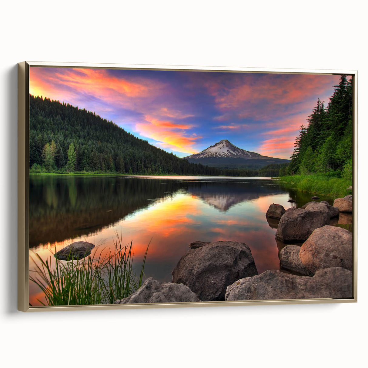 Framed canvas of Mount Hood in Oregon with a vintage poster style, featuring deep black and gold tones.