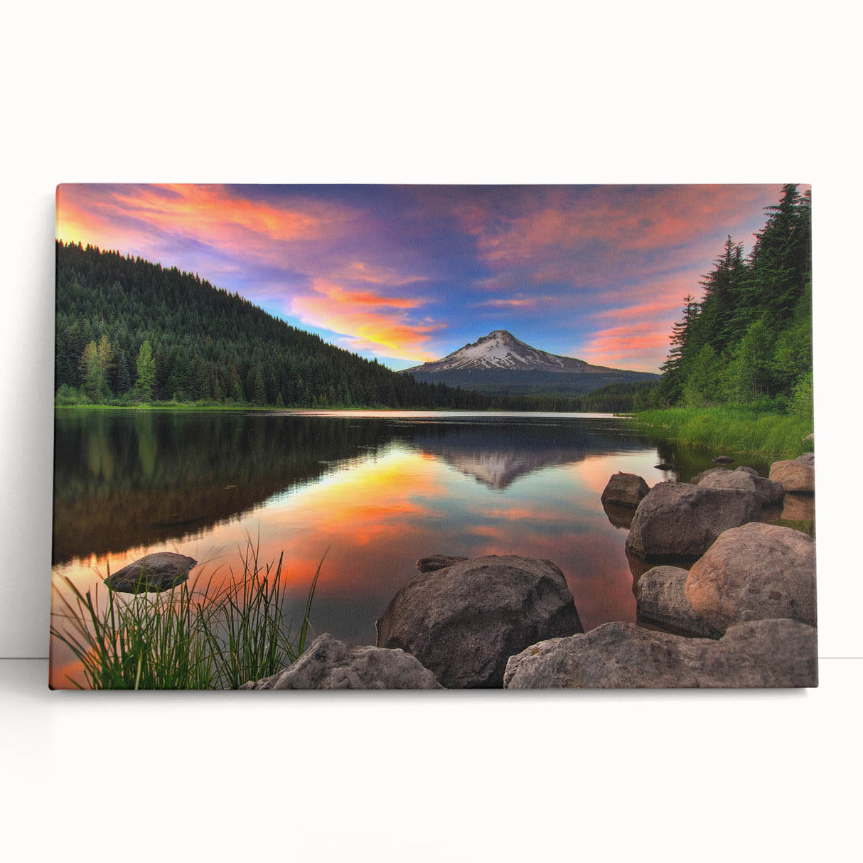 Black and white image of Mount Hood, Oregon on stretched canvas, suitable as large kitchen wall art.
