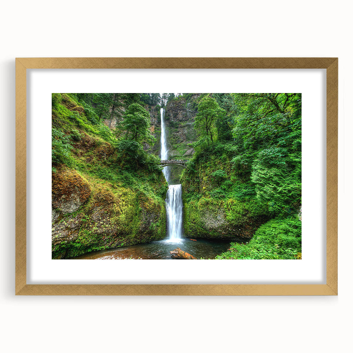 Extra large wall art featuring a textured print of Multnomah Falls, Oregon, in a gold frame, ideal for living room decor.