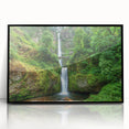 Large abstract wall art featuring Multnomah Falls in muted green and blue tones on a black-framed acrylic.