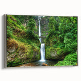 Framed canvas of Multnomah Falls in Oregon showcasing a realistic landscape in muted green and gray tones.