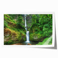Multnomah Falls depicted in muted green and blue tones on a large rolled canvas, suitable for dining room wall art.