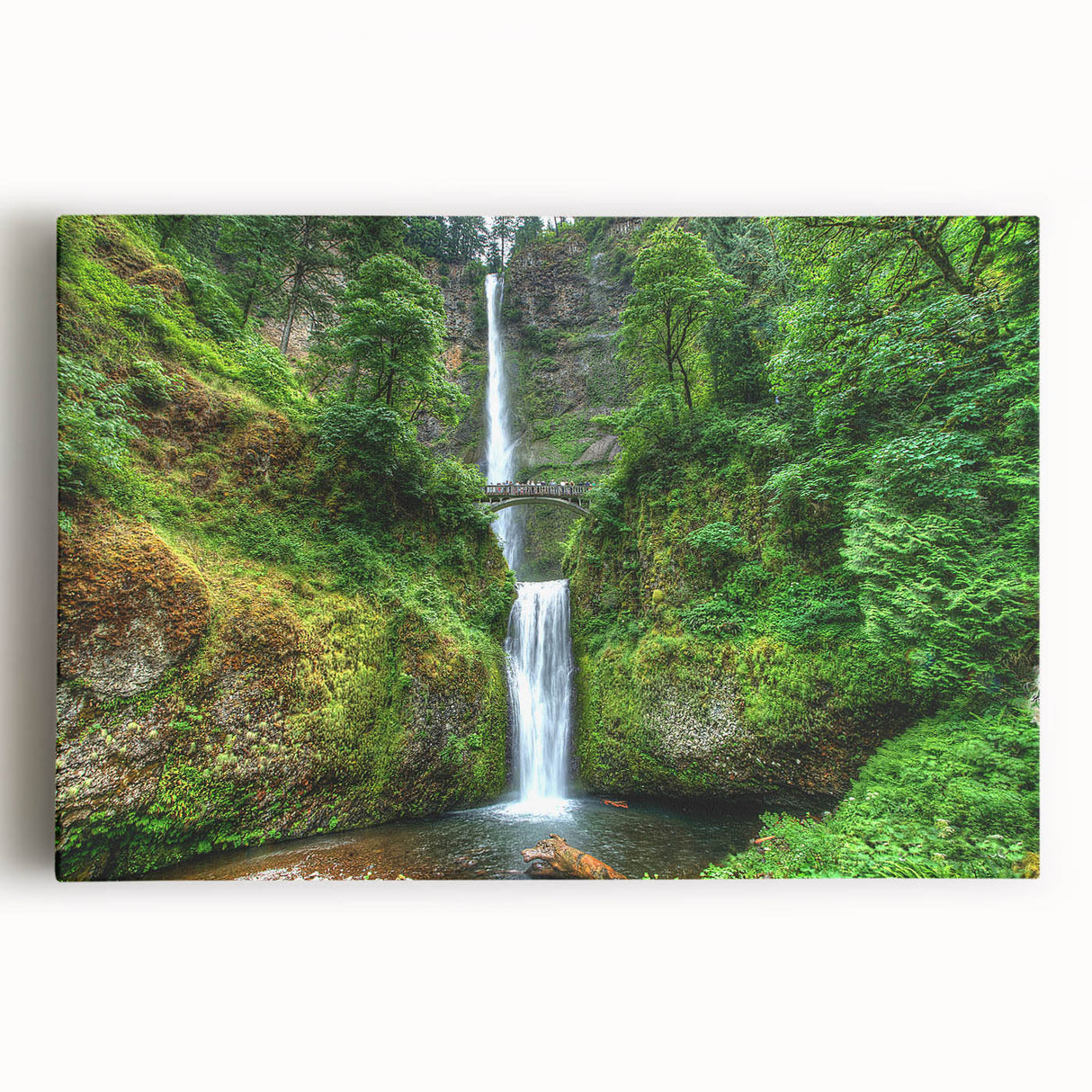 Black and white photograph of Multnomah Falls in Oregon on large stretched canvas, ideal for kitchen wall art.