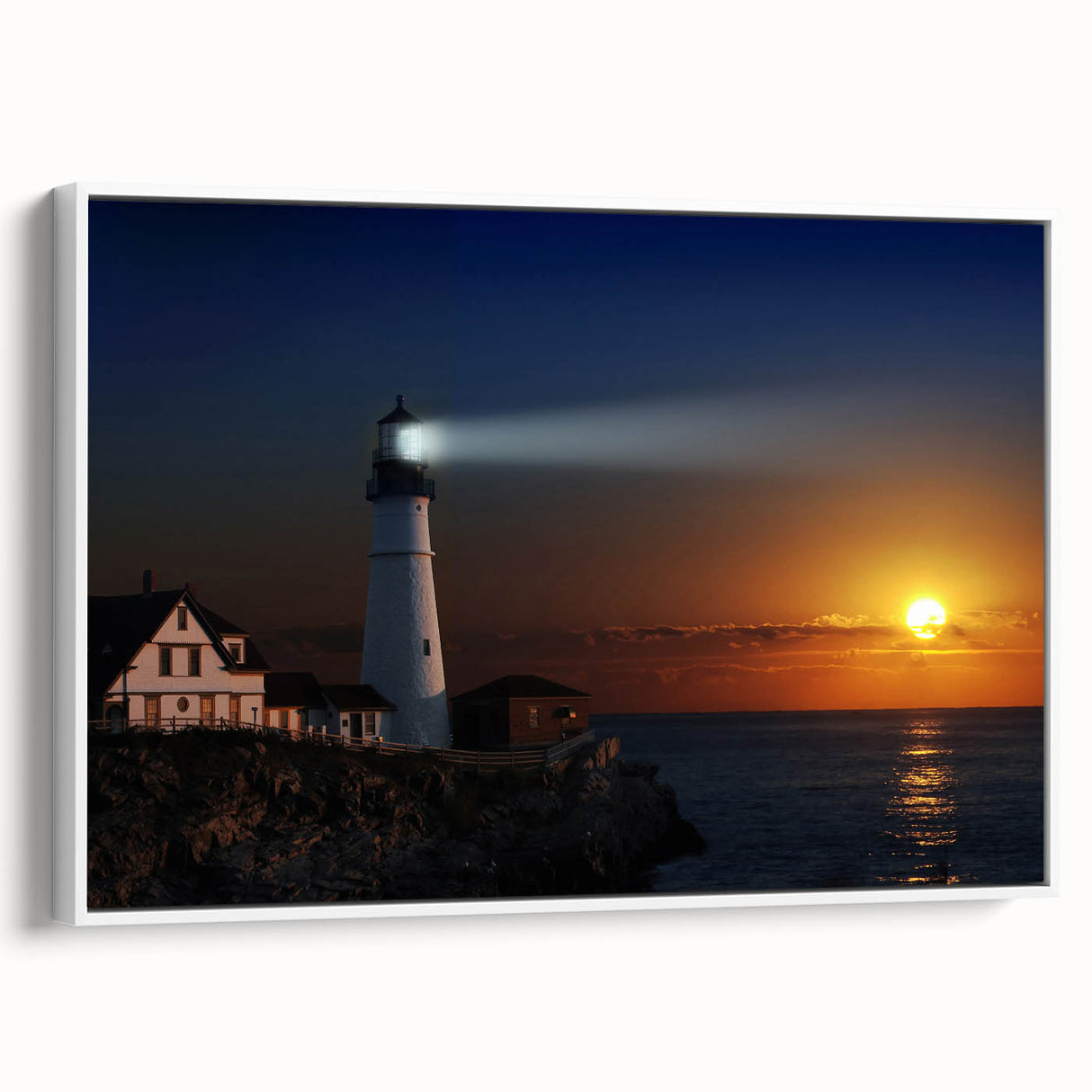 Vintage poster art of Portland, Oregon on a white framed canvas, featuring colorful imagery, ideal for living room decor.