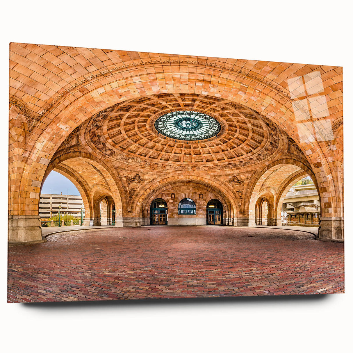 Acrylic print of Pittsburgh skyline in muted gray and blue tones, ideal for bedroom or dining room art.