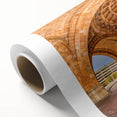 Art Deco style poster of Pittsburgh skyline in muted gold and blue tones on rolled canvas, ideal for nursery wall art.