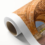 Art Deco style poster of Pittsburgh skyline in muted gold and blue tones on rolled canvas, ideal for nursery wall art.