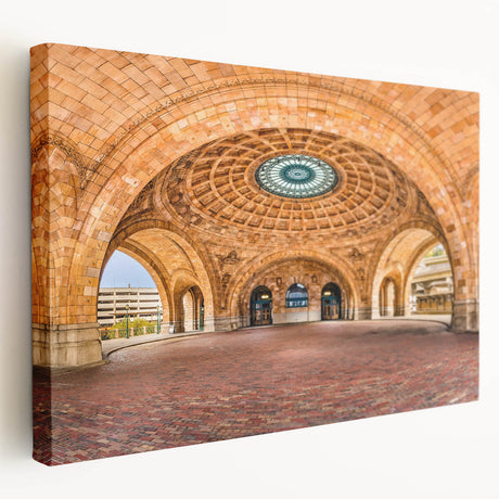 Panoramic view of Pittsburgh skyline in muted evening colors on a large stretched canvas, suitable for kitchen wall art.