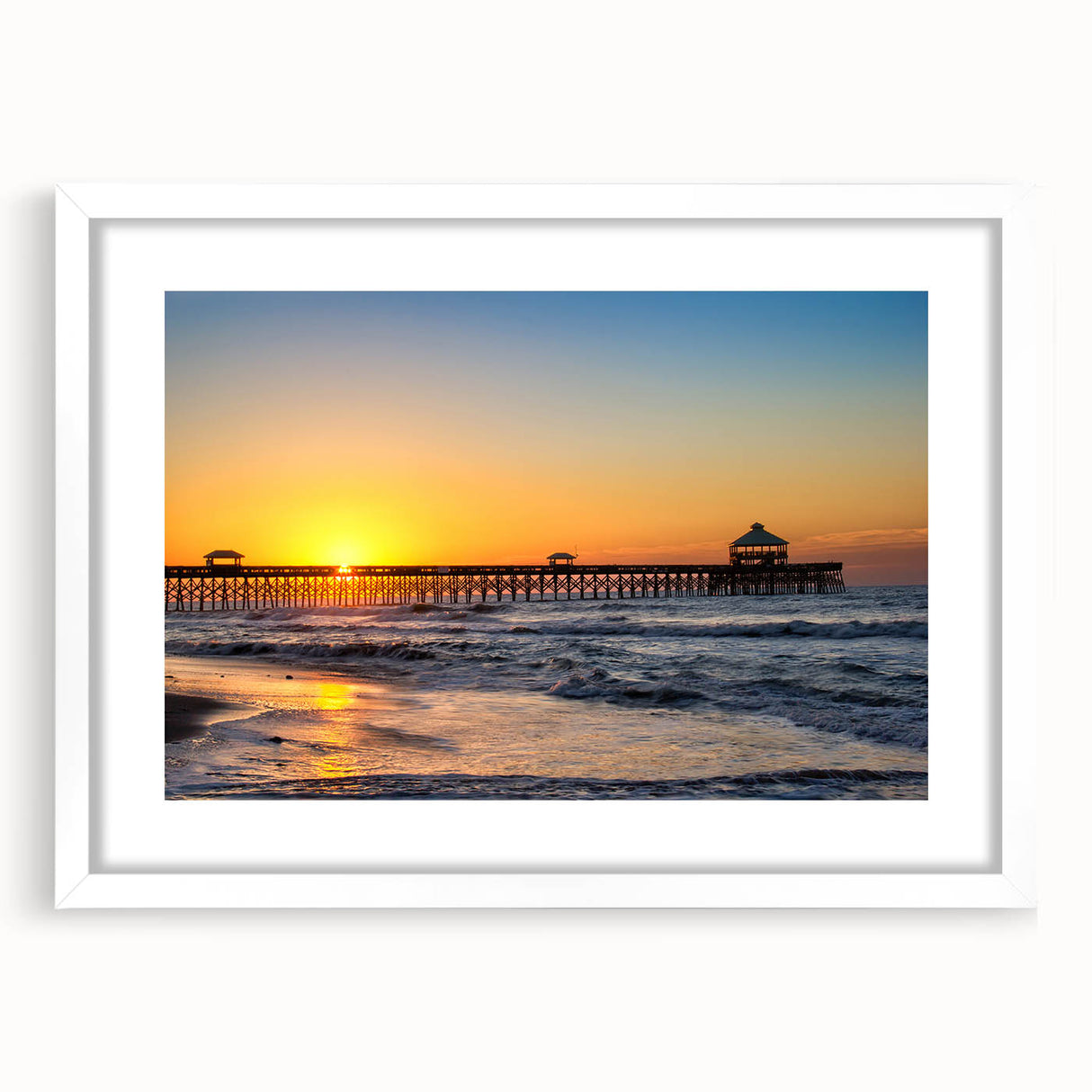 Abstract art print of South Carolina scenery in muted earth tones on a framed white mat, ideal for dining room decor.