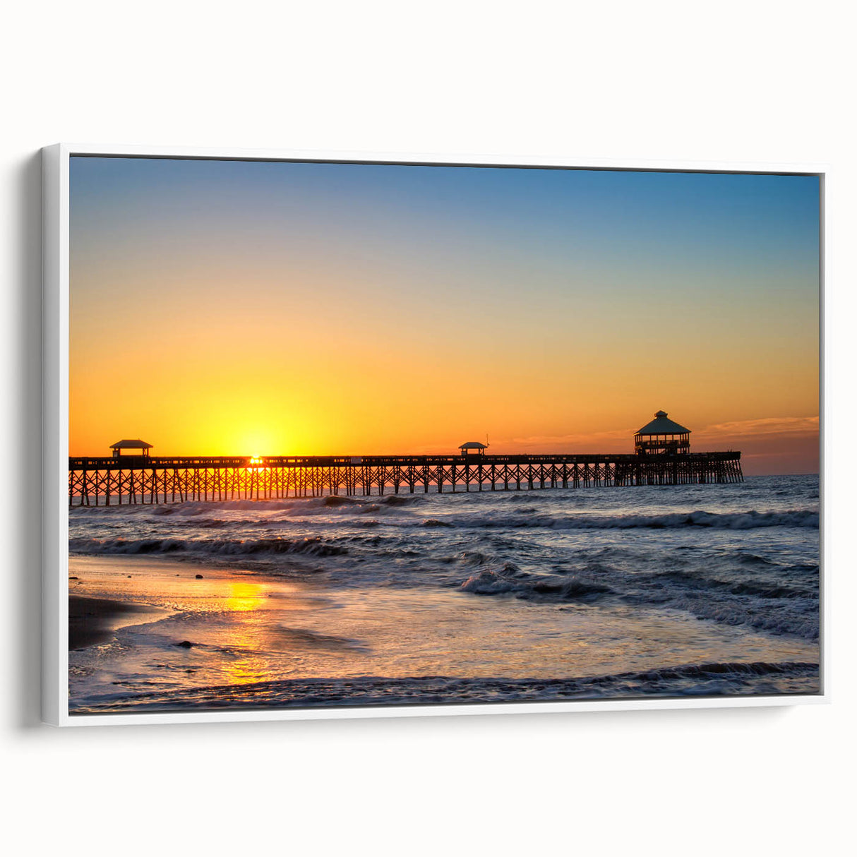 Vintage poster art of South Carolina scenery on framed canvas, featuring vibrant colors on a black background.