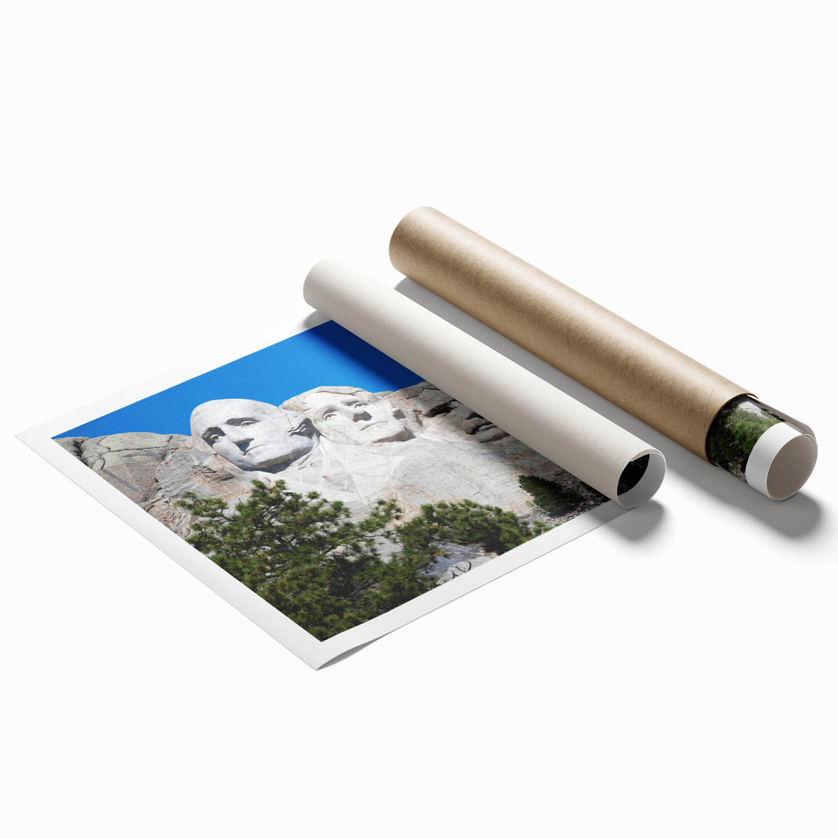 Rolled print of Mt. Rushmore in muted earth tones, ideal for classy bathroom wall art or large living room decor.