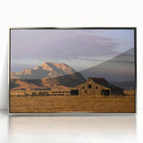 Mid-century modernist art depicting South Dakota scenery in muted earth tones on a framed acrylic print.