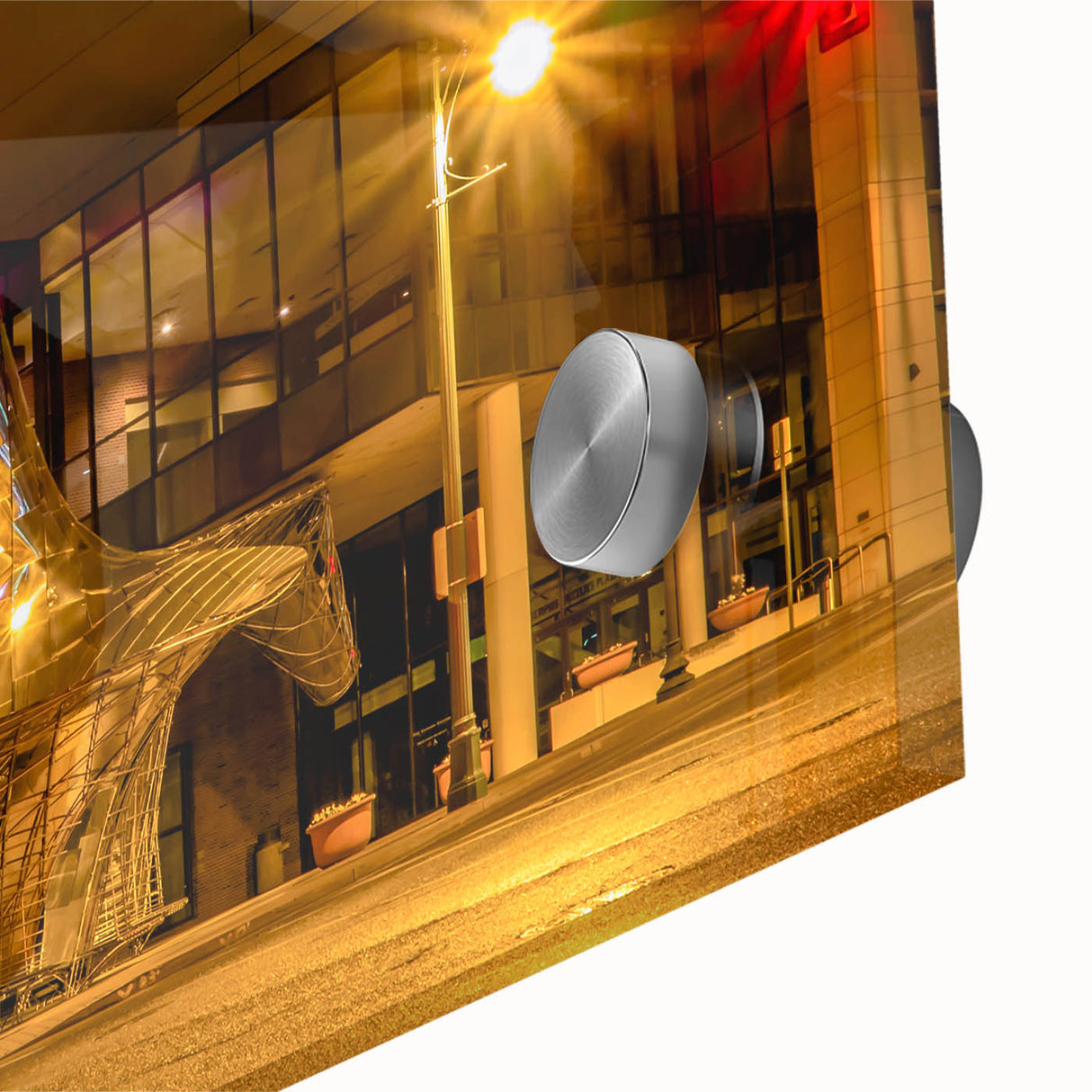 Large abstract wall art depicting Memphis scenery in muted earth tones on acrylic glass, ideal for dining room decor.