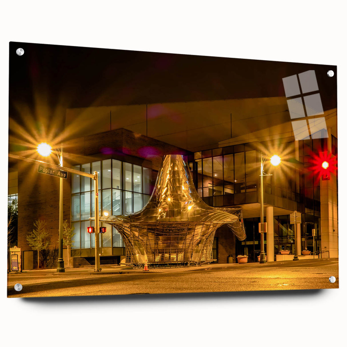 Acrylic print of abstract Memphis skyline in muted blues and grays, suitable for bedroom or dining room decor.