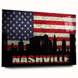Acrylic print of abstract Nashville skyline in muted blue and gray tones, ideal for bedroom or dining room decor.