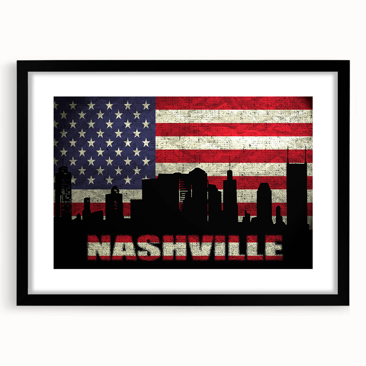 Extra large framed abstract print of Nashville skyline in vibrant, colorful textures, ideal for living room decor.