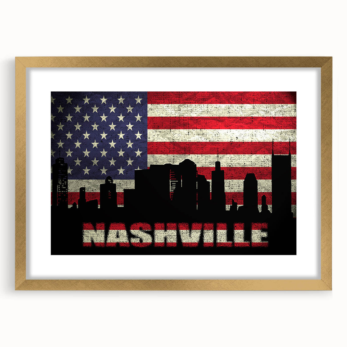 Abstract textured art print of Nashville skyline in muted gold and blue tones, framed with mat.