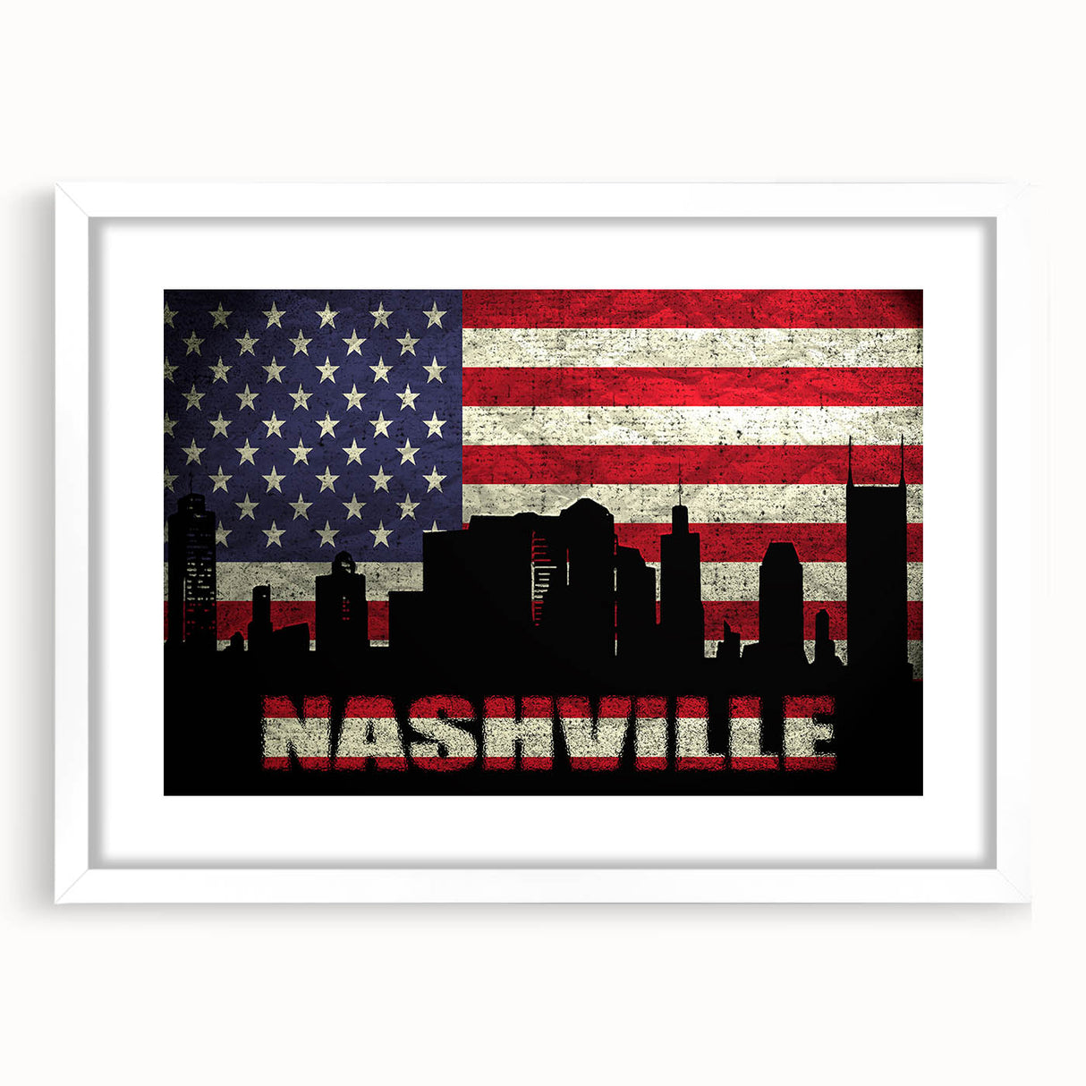 Abstract art print of Nashville skyline in muted gray and blue tones on a framed white mat, ideal for dining room decor.