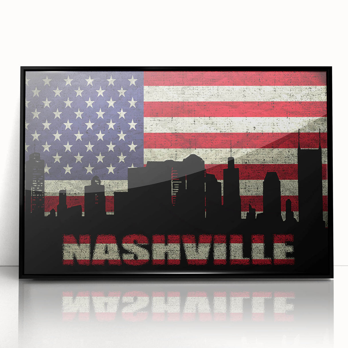 Large abstract wall art depicting Nashville skyline in muted gray tones on a framed acrylic.