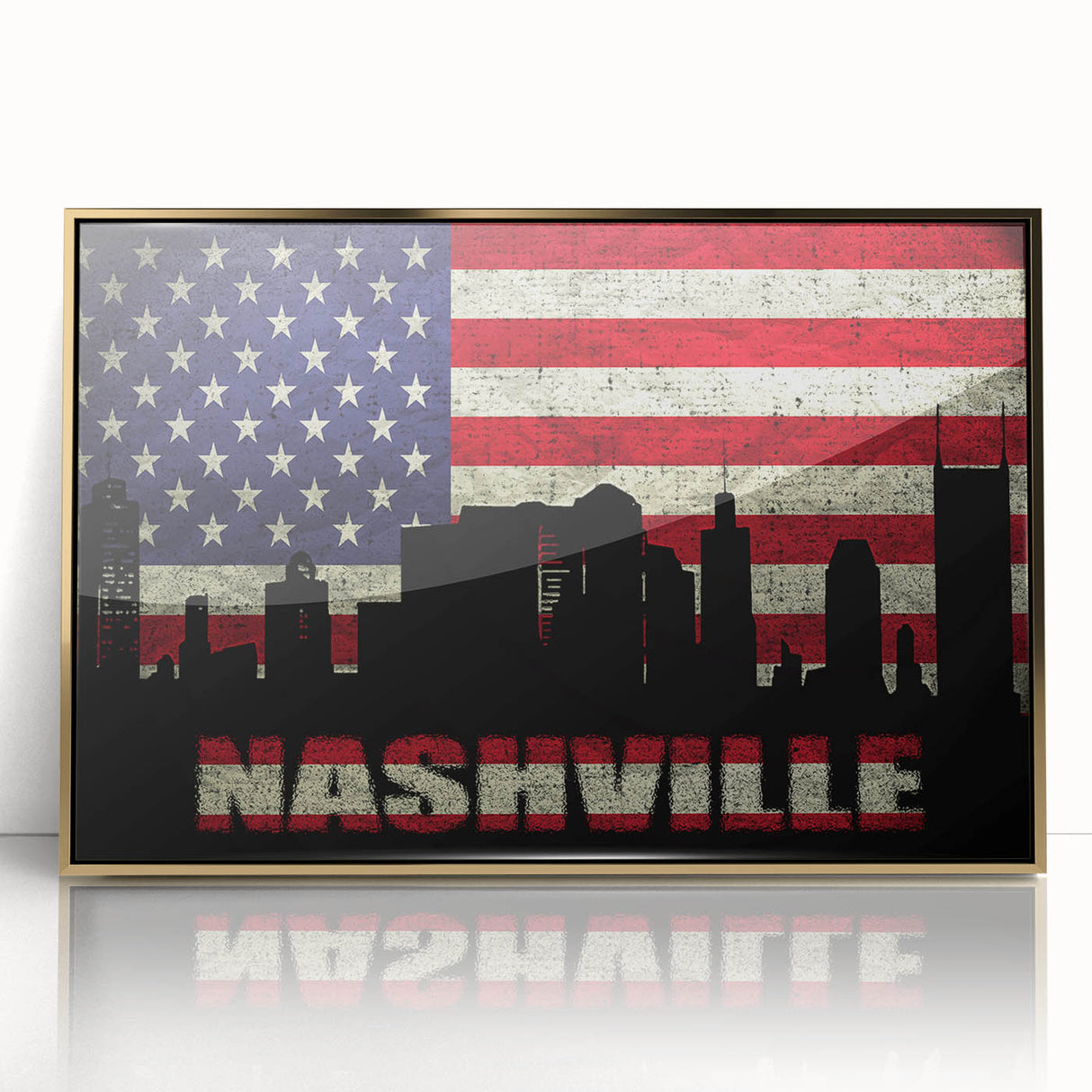 Large art print of Nashville skyline in muted gold and blue hues on framed acrylic, ideal for modern art wall decor.