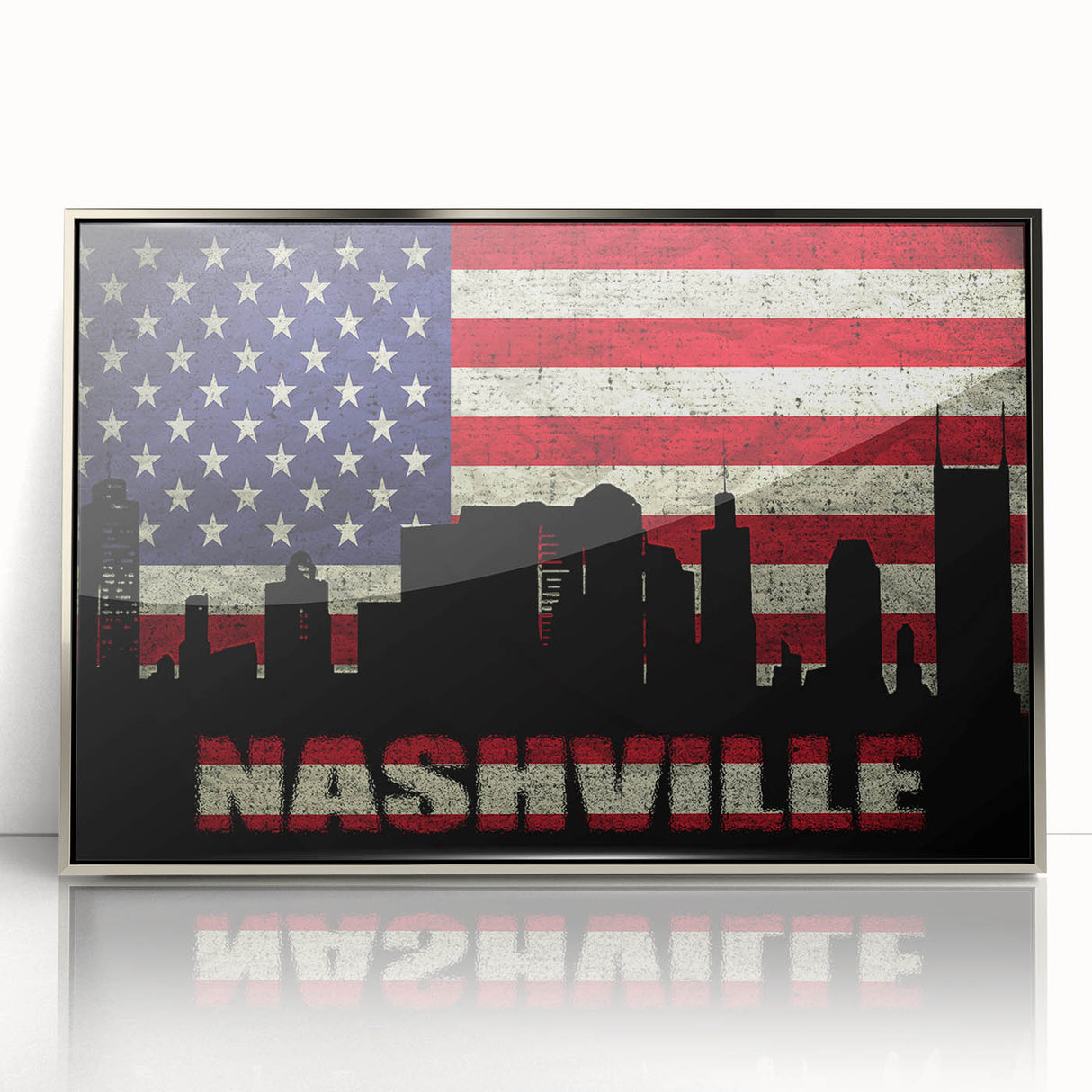 Mid-century modernist art of Nashville skyline in muted colors on framed acrylic, ideal for modern art wall decor.