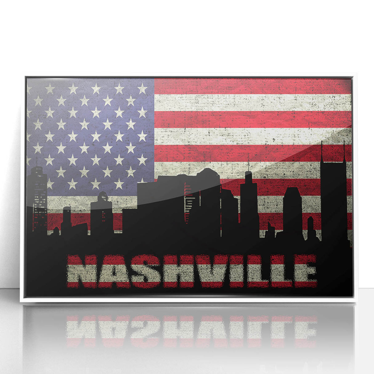 Framed acrylic print of Nashville skyline in muted gray with art deco style, suitable for modern art wall decor.