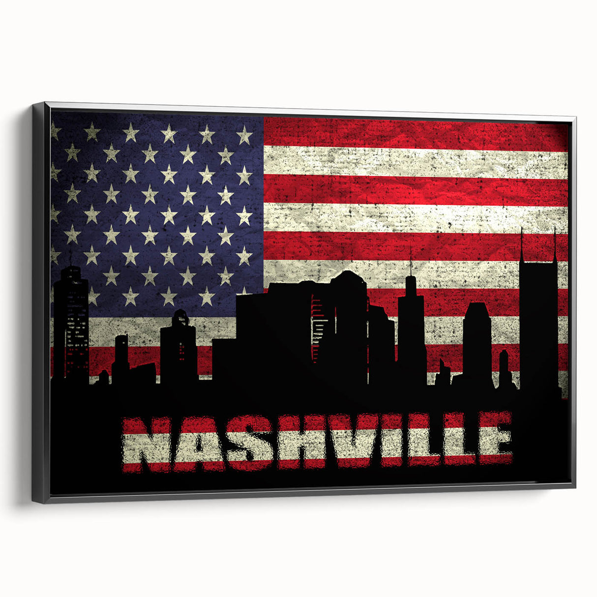 Black and white framed canvas of Nashville skyline, ideal for bedroom wall art in vintage poster style.