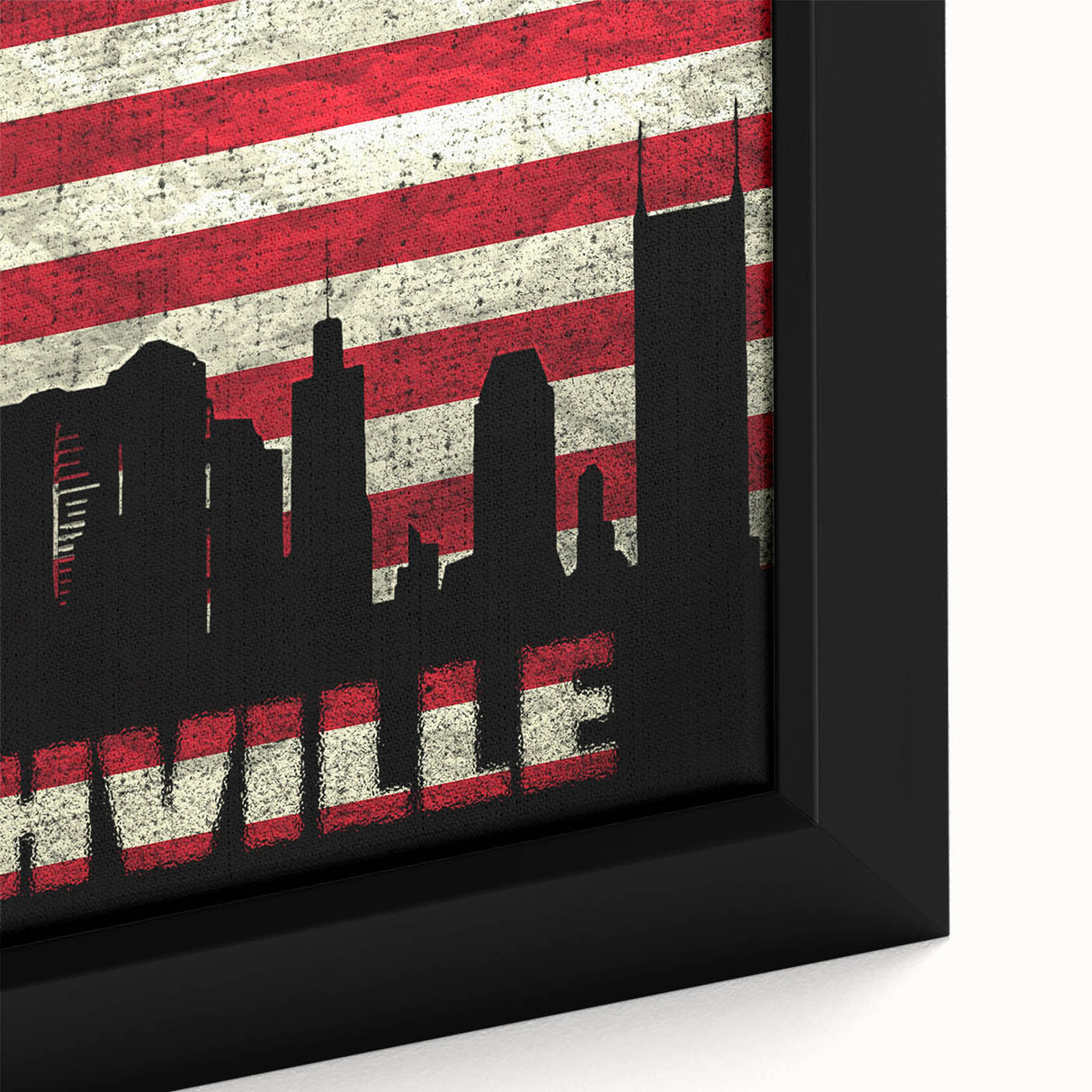 Close-up of extra large framed canvas featuring a textured depiction of the Nashville skyline in black with colorful accents.