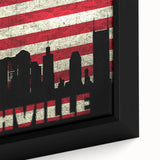 Close-up of extra large framed canvas featuring a textured depiction of the Nashville skyline in black with colorful accents.