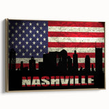 Framed canvas featuring a vintage-style landscape painting of Nashville with muted gold and black tones.