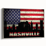 Framed canvas of Nashville landscape with colorful art in a vintage poster style, ideal for living room decor.