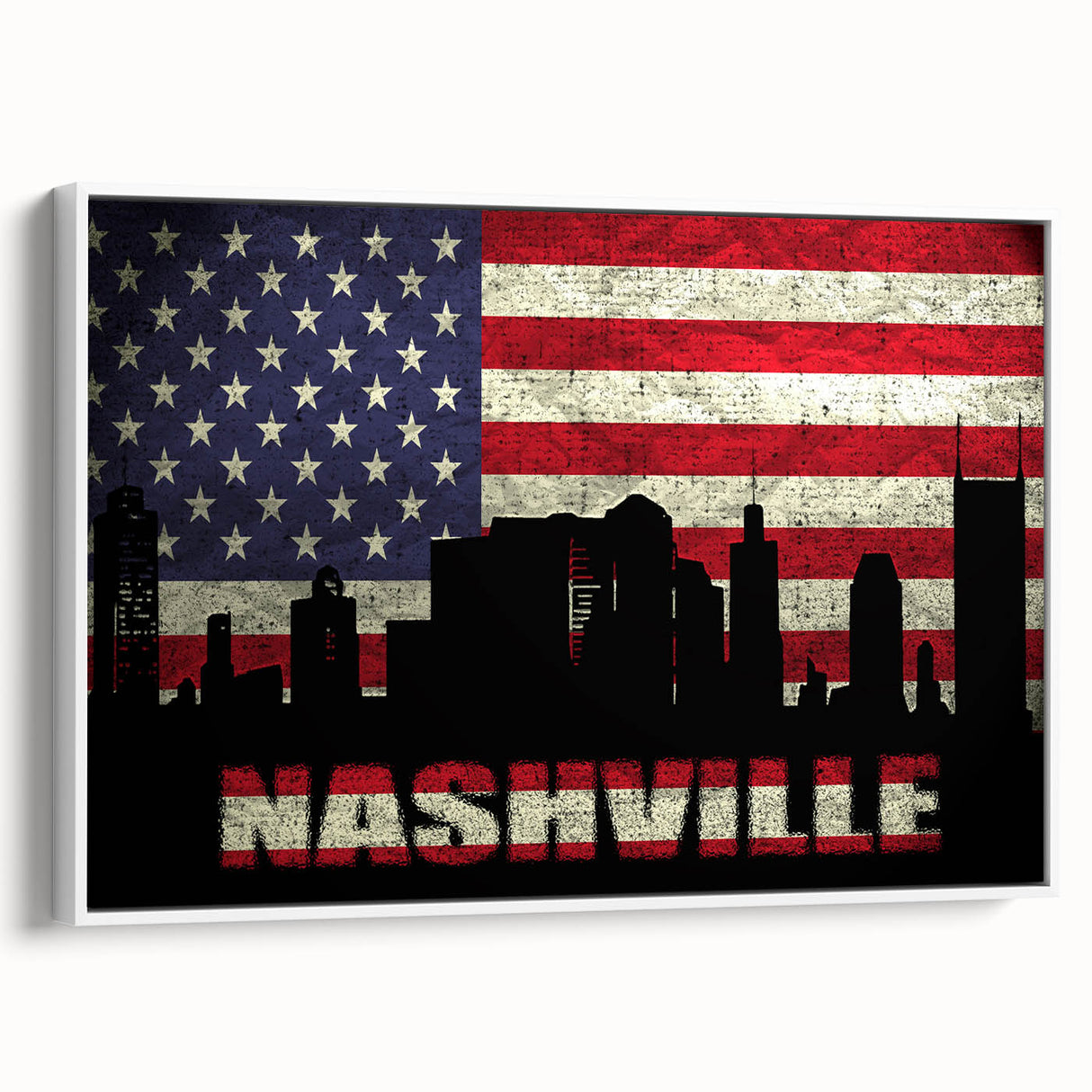 Framed canvas vintage poster art depicting colorful Nashville, Tennessee scenery, ideal for living room decor.
